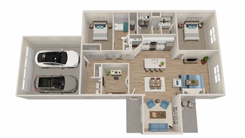 A top-down view of a house layout with a garage, living room, kitchen, and bedrooms.